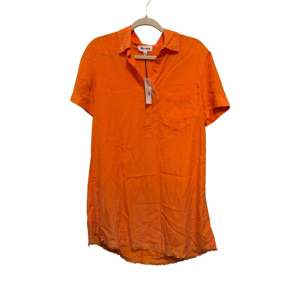 Day + Moon Orange Tencel Denim shirt Dress‎ Short Sleeve Frayed Hem S